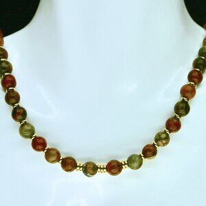 Red Creek Jasper Gemstone Necklace with Gold Wheel Beads & Lobster Claw Clasp